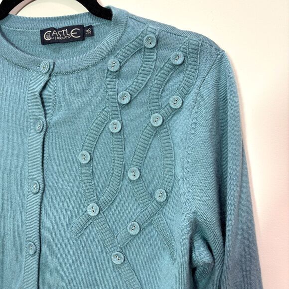 Castle of Ireland Cardigan Teal Blue Women L Wool Embroidered Coastal Granny - Picture 3 of 9
